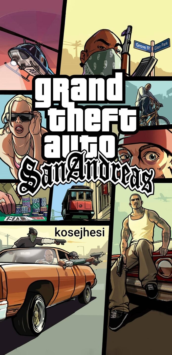 Cover art for the video game Grand Theft Auto San Andreas, featuring various characters, a car, and a helicopter, with a street sign for Grove St. Glen Park. GTA San Andreas Definitive Edition PC requirements, Grand Theft Auto San Andreas 2021 system specifications, GTA San Andreas Definitive Edition features, GTA San Andreas PC minimum and recommended specs, Grand Theft Auto San Andreas enhanced edition updates